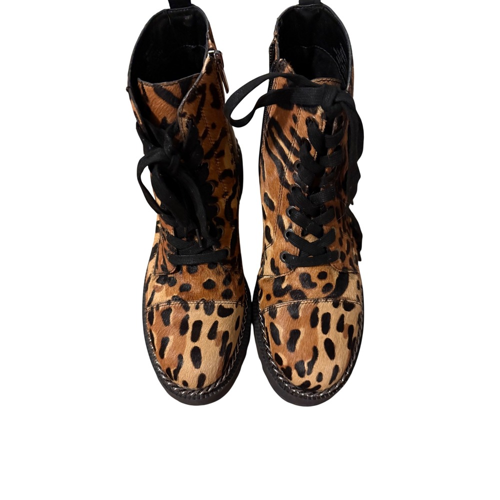 Vince Camuto Mindinta3 Leopard Cow Hair Combat Boots Lug Sole Chain Detail 9.5M